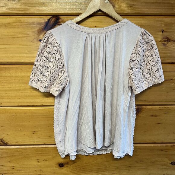 Anthropologie One September Women Small Lace Top Beige Casual Swiss Dot Fairy - Picture 4 of 5